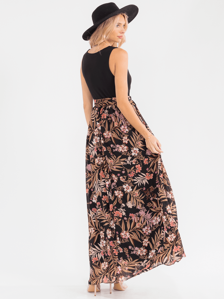 WOMEN'S SLEEVELESS SURPLICE SELF TIE RUFFLE FLORAL MAXI DRESS