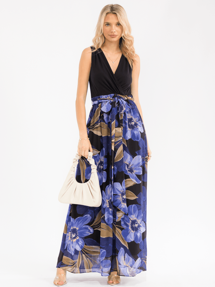 WOMEN'S SLEEVELESS SURPLICE SELF TIE RUFFLE FLORAL MAXI DRESS