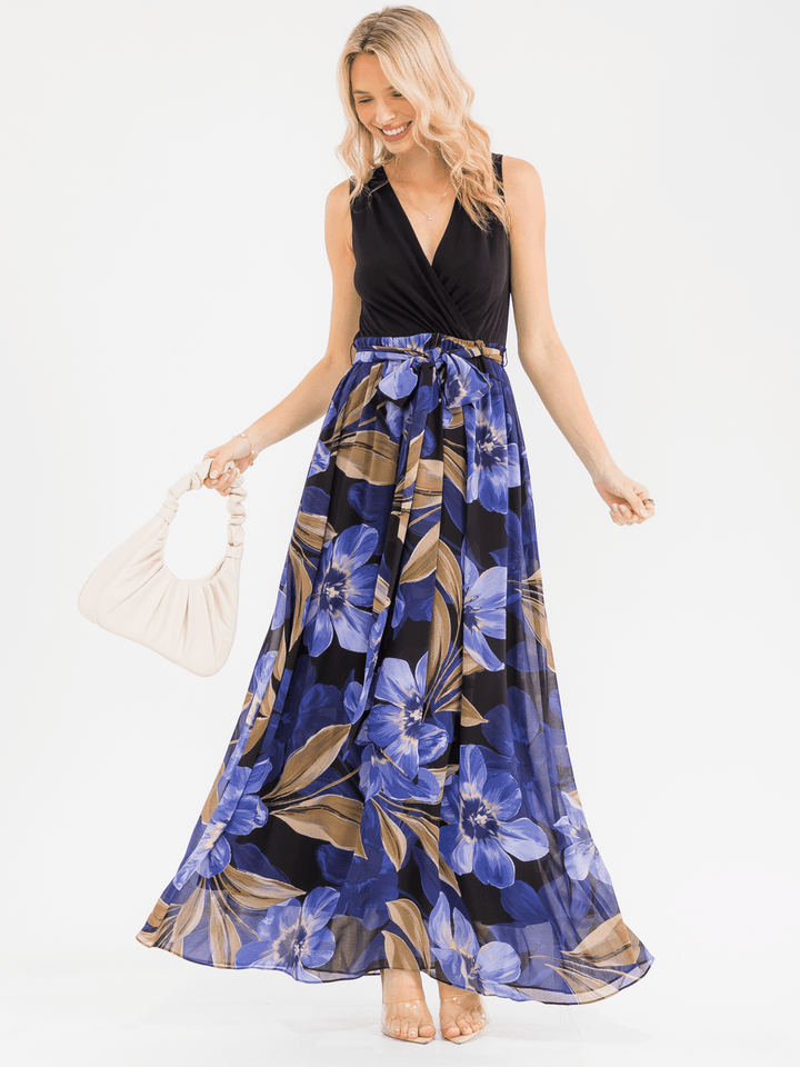 WOMEN'S SLEEVELESS SURPLICE SELF TIE RUFFLE FLORAL MAXI DRESS