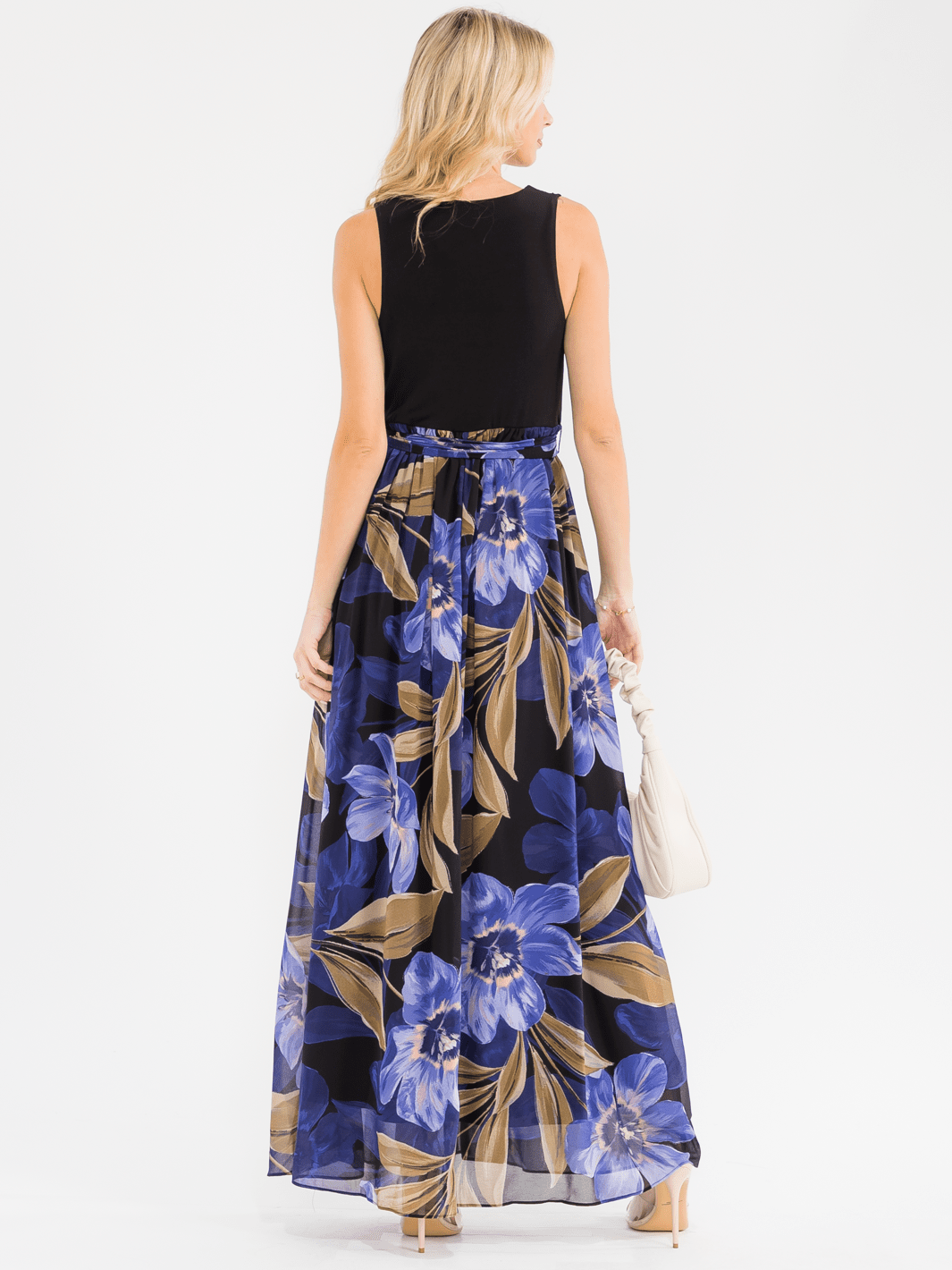 WOMEN'S SLEEVELESS SURPLICE SELF TIE RUFFLE FLORAL MAXI DRESS