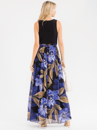 WOMEN'S SLEEVELESS SURPLICE SELF TIE RUFFLE FLORAL MAXI DRESS