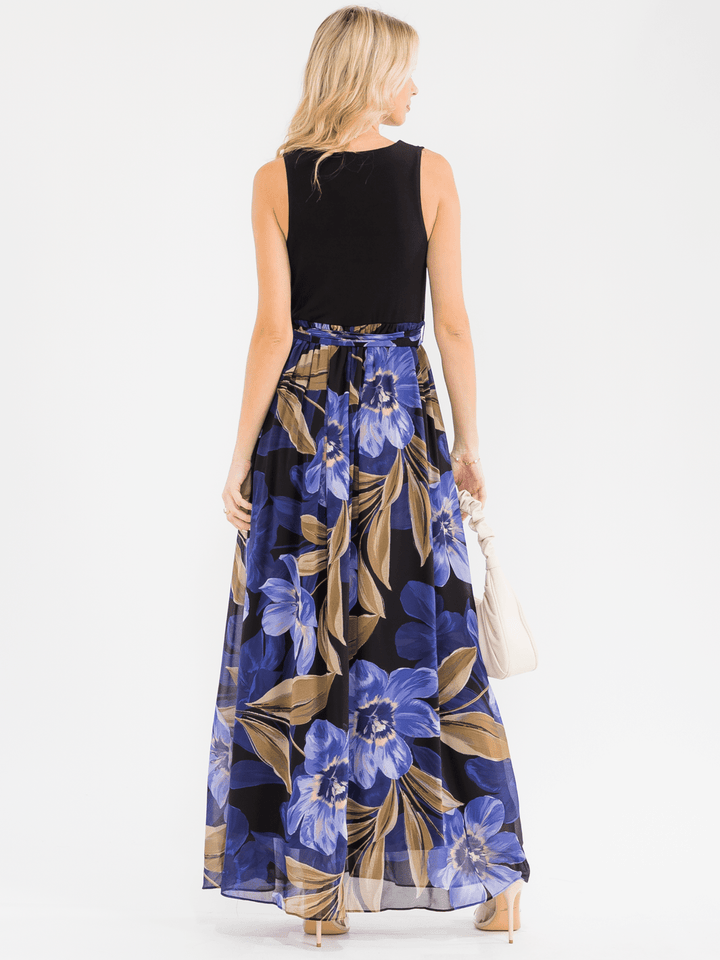 WOMEN'S SLEEVELESS SURPLICE SELF TIE RUFFLE FLORAL MAXI DRESS