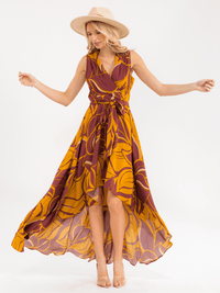 WOMEN'S SLEEVELESS SURPLICE SELF TIE HIGH-LOW FLORAL MAXI DRESS