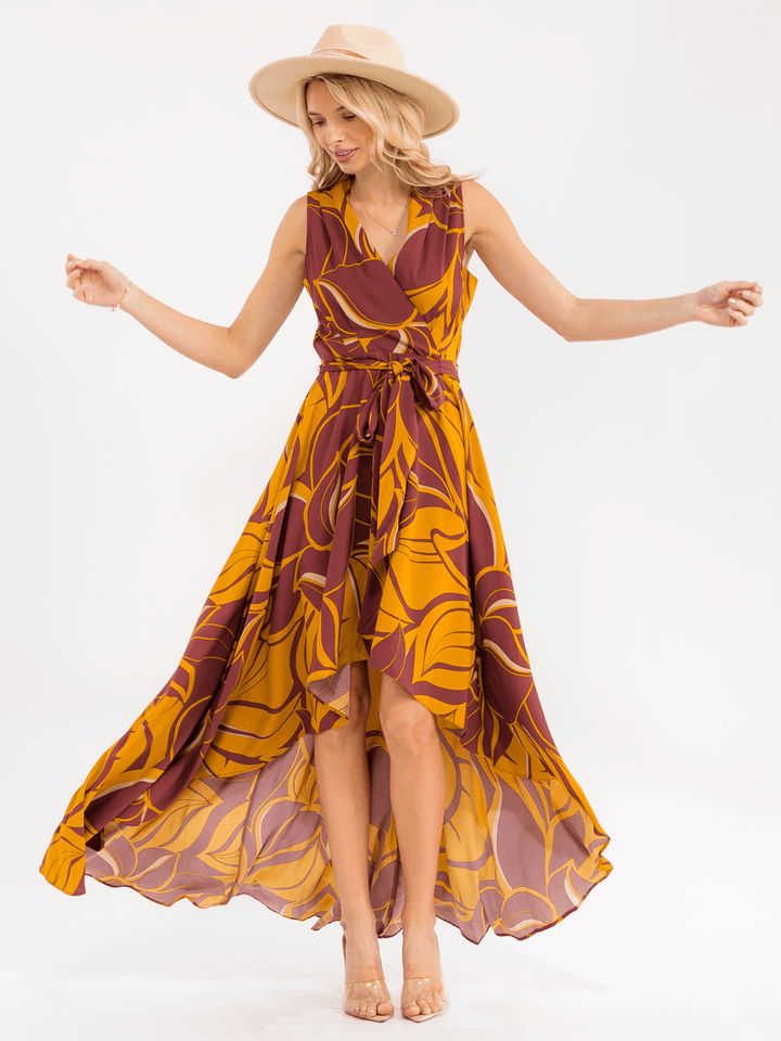 WOMEN'S SLEEVELESS SURPLICE SELF TIE HIGH-LOW FLORAL MAXI DRESS