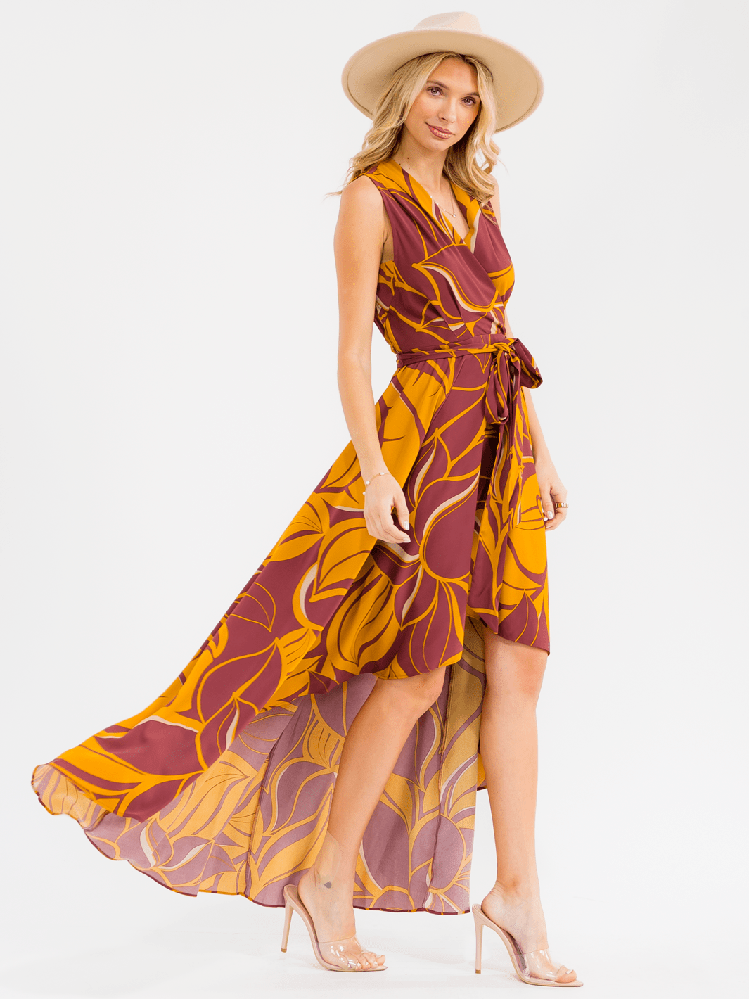 WOMEN'S SLEEVELESS SURPLICE SELF TIE HIGH-LOW FLORAL MAXI DRESS