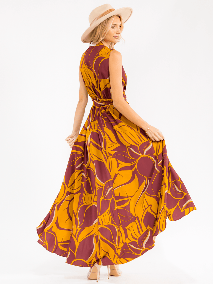 WOMEN'S SLEEVELESS SURPLICE SELF TIE HIGH-LOW FLORAL MAXI DRESS