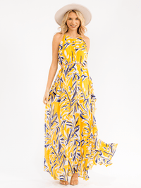 WOMEN'S SLEEVELESS CUT OUT ELASTIC WAIST RUFFLE FLORAL MAXI DRESS