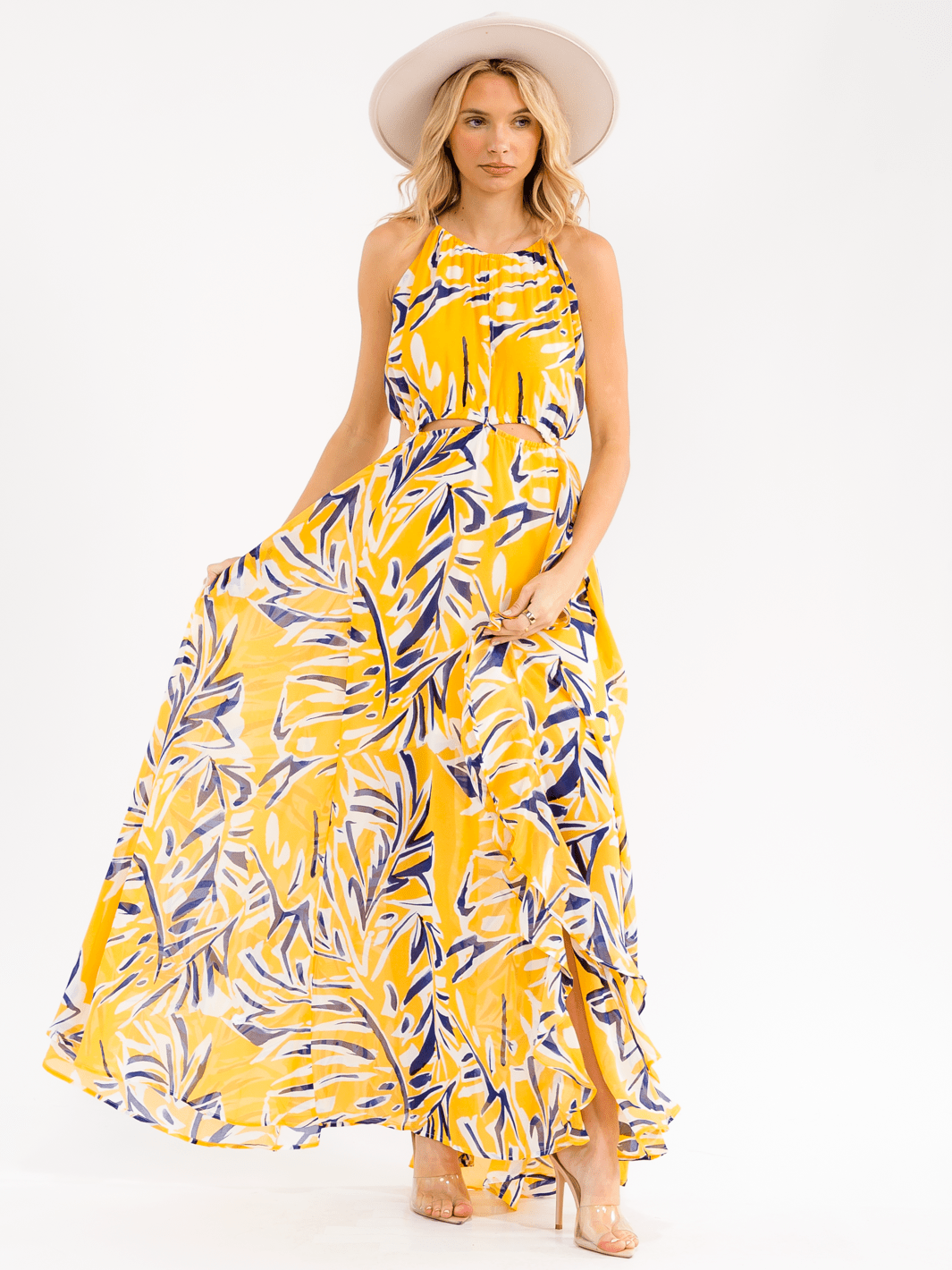 WOMEN'S SLEEVELESS CUT OUT ELASTIC WAIST RUFFLE FLORAL MAXI DRESS