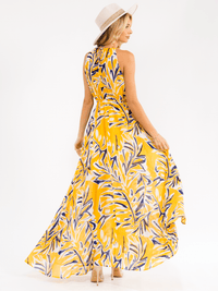 WOMEN'S SLEEVELESS CUT OUT ELASTIC WAIST RUFFLE FLORAL MAXI DRESS