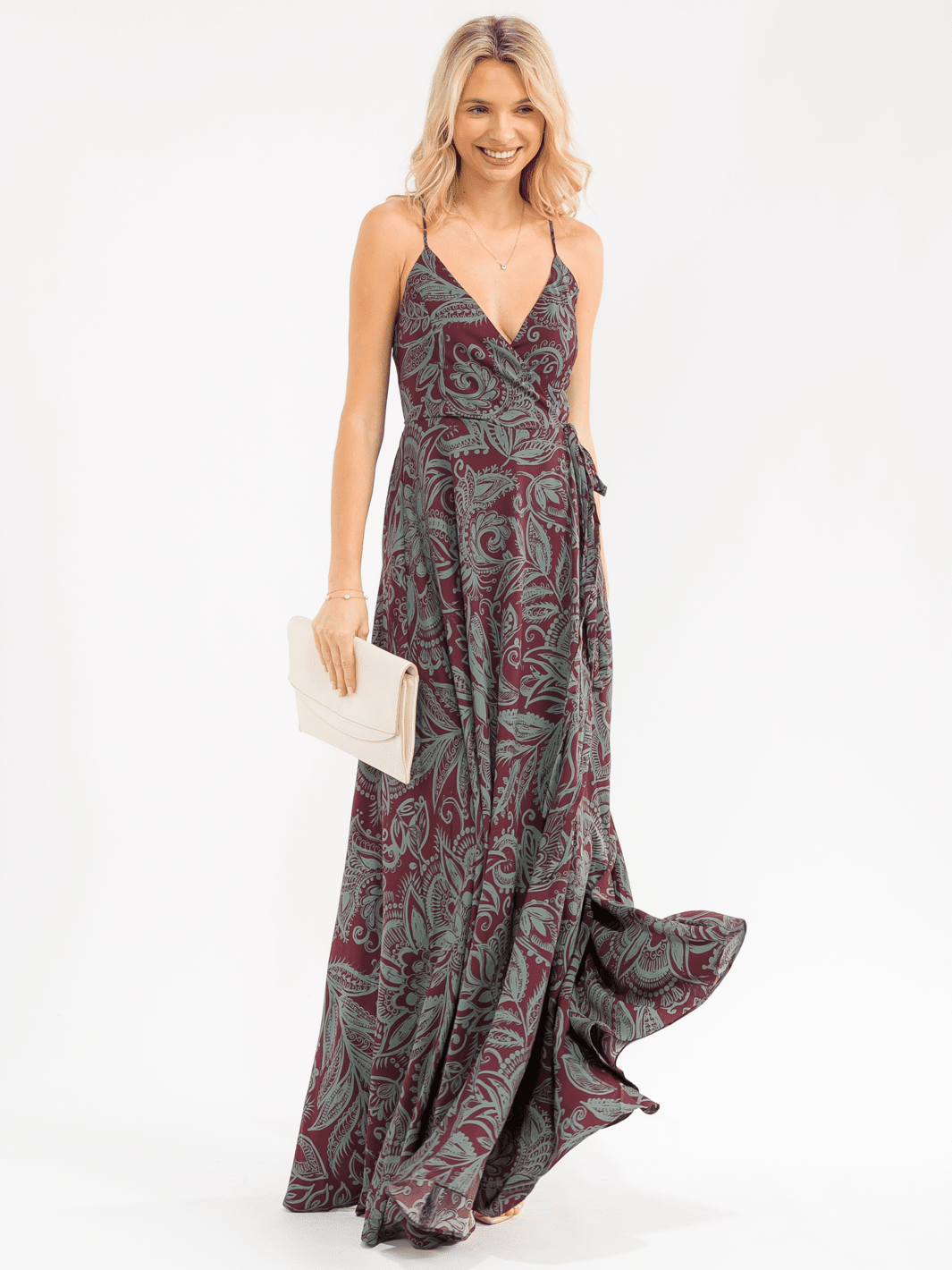 WOMEN'S SLEEVELESS SELF TIE FLORAL WRAP MAXI DRESS