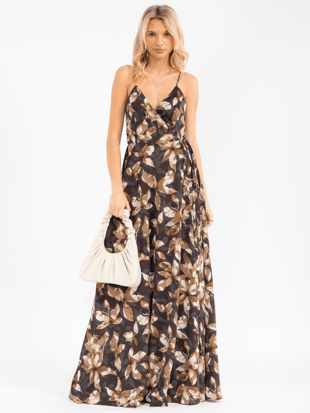WOMEN'S SLEEVELESS V-NECK OPEN BACK FLORAL WRAP MAXI DRESS