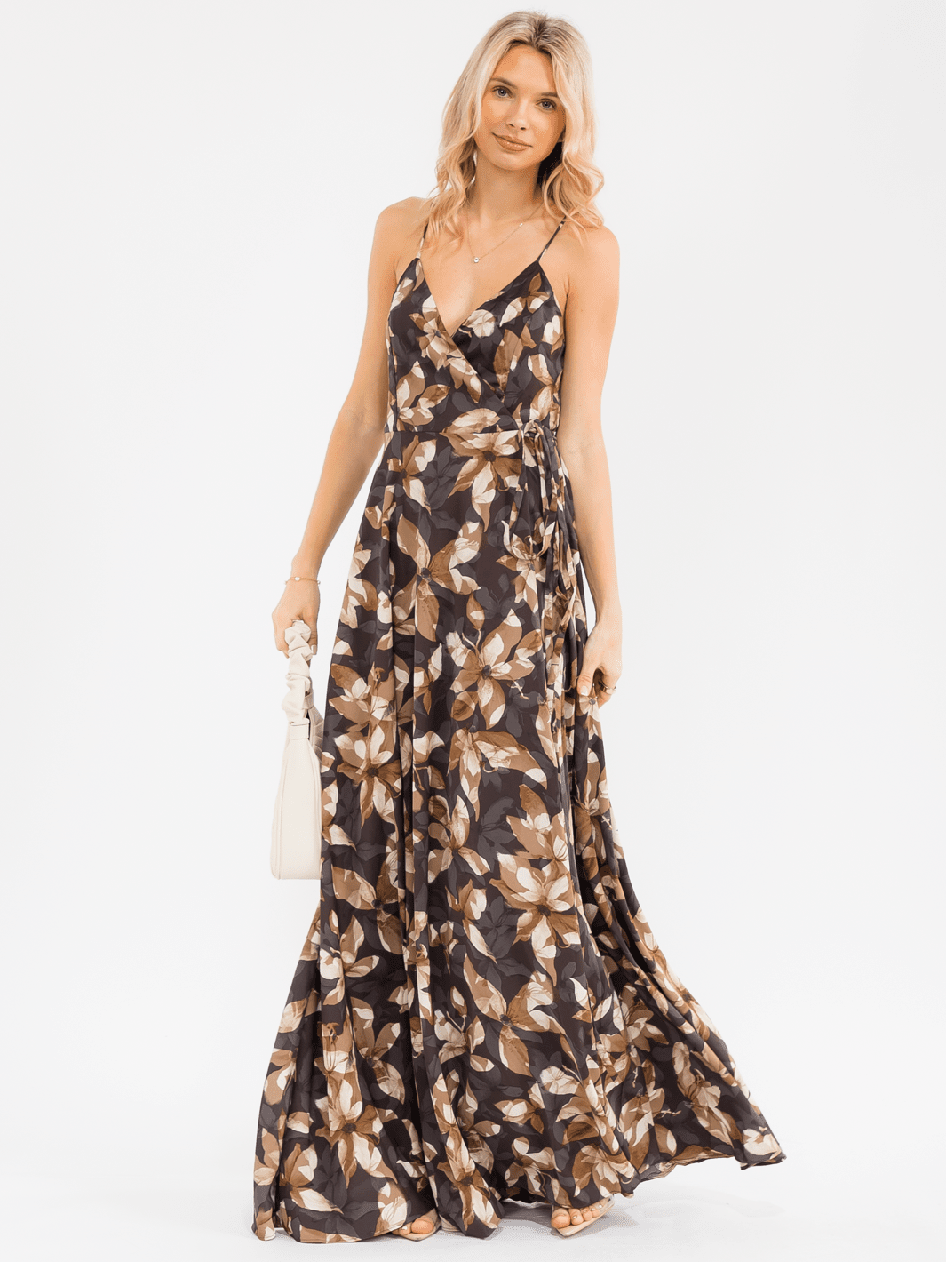 WOMEN'S SLEEVELESS V-NECK OPEN BACK FLORAL WRAP MAXI DRESS
