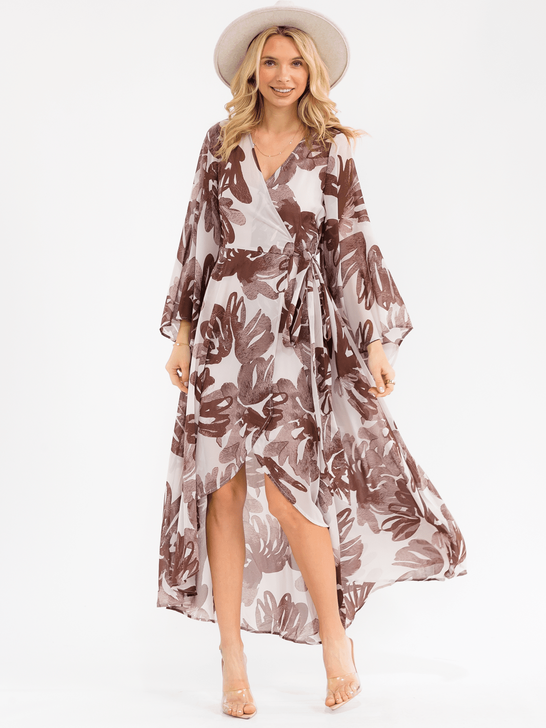 WOMEN'S LONG BELL SLEEVE V-NECK HIGH-LOW FLORAL WRAP MAXI DRESS