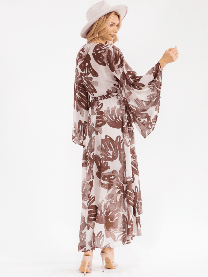 WOMEN'S LONG BELL SLEEVE V-NECK HIGH-LOW FLORAL WRAP MAXI DRESS