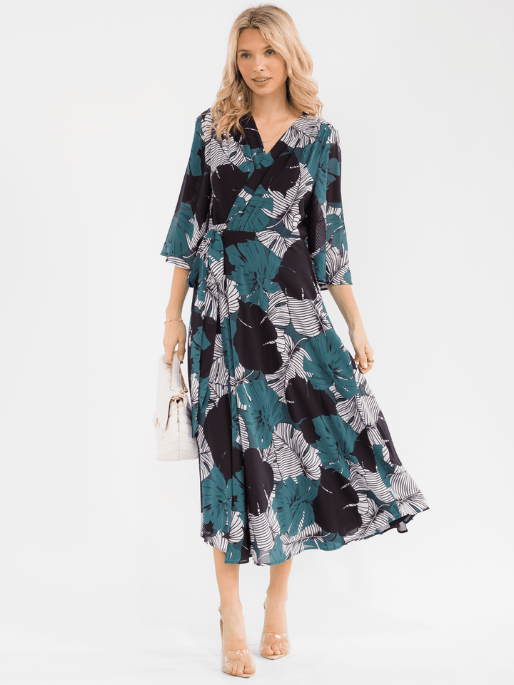 WOMEN'S 3/4 SLEEVE V-NECK FLORAL WRAP MAXI DRESS