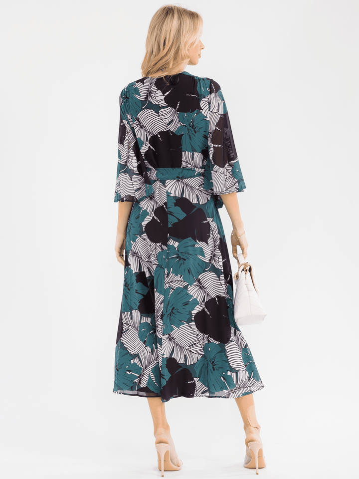 WOMEN'S 3/4 SLEEVE V-NECK FLORAL WRAP MAXI DRESS