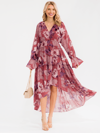 WOMEN'S LONG SLEEVE V-NECK ELASTIC WAIST HIGH-LOW FLORAL MAXI DRESS