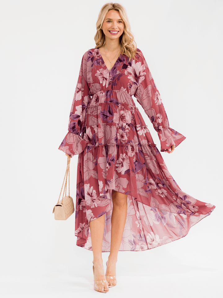 WOMEN'S LONG SLEEVE V-NECK ELASTIC WAIST HIGH-LOW FLORAL MAXI DRESS