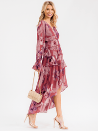 WOMEN'S LONG SLEEVE V-NECK ELASTIC WAIST HIGH-LOW FLORAL MAXI DRESS