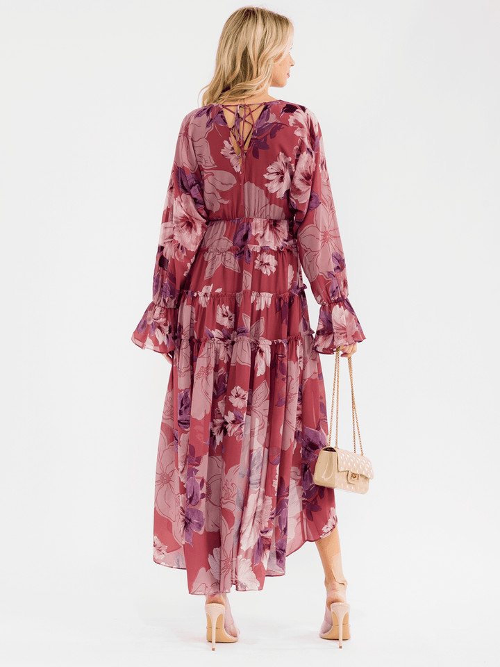 WOMEN'S LONG SLEEVE V-NECK ELASTIC WAIST HIGH-LOW FLORAL MAXI DRESS