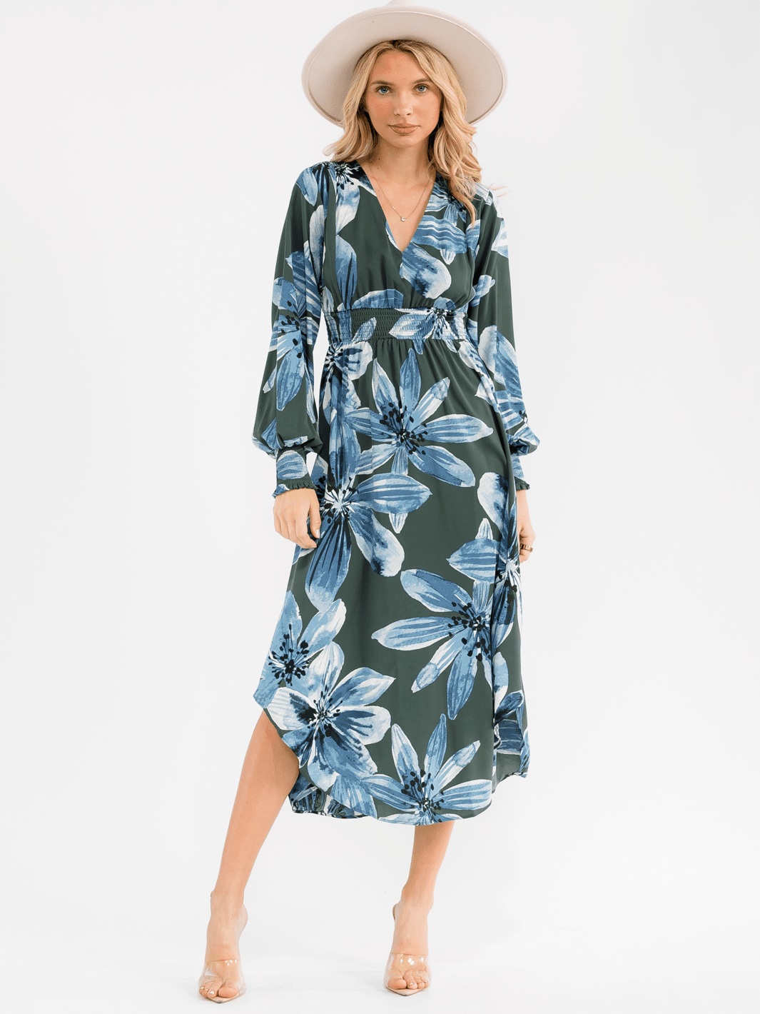 WOMEN'S LONG SLEEVE V-NECK SMOCK WAIST FLORAL MAXI DRESS