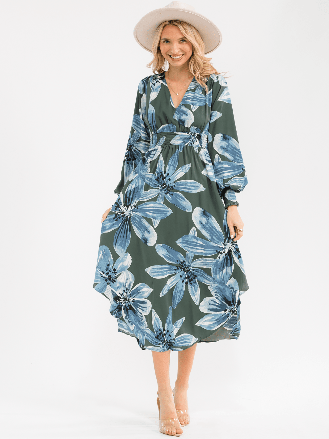 WOMEN'S LONG SLEEVE V-NECK SMOCK WAIST FLORAL MAXI DRESS