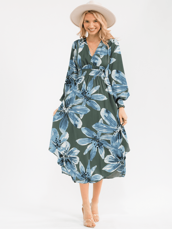 WOMEN'S LONG SLEEVE V-NECK SMOCK WAIST FLORAL MAXI DRESS