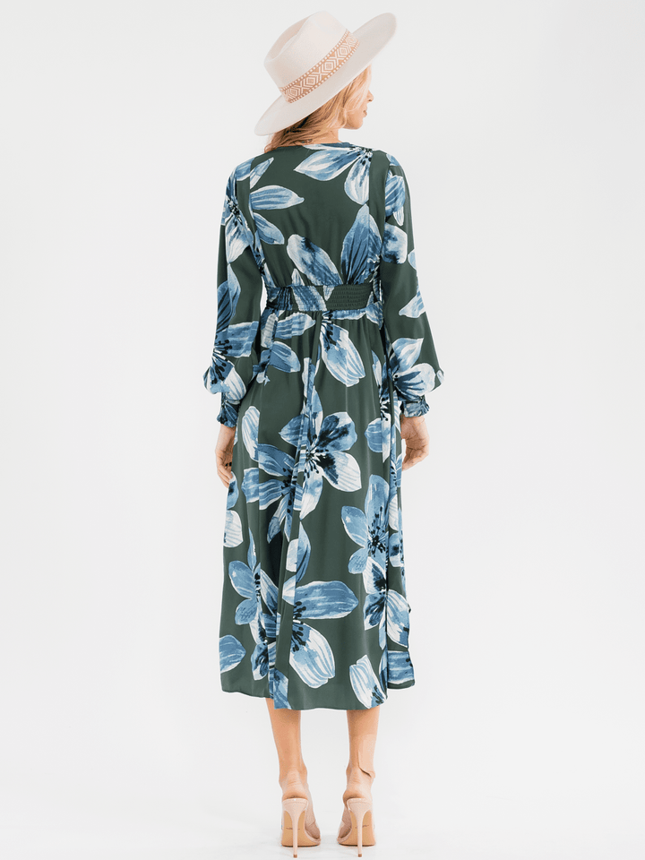 WOMEN'S LONG SLEEVE V-NECK SMOCK WAIST FLORAL MAXI DRESS