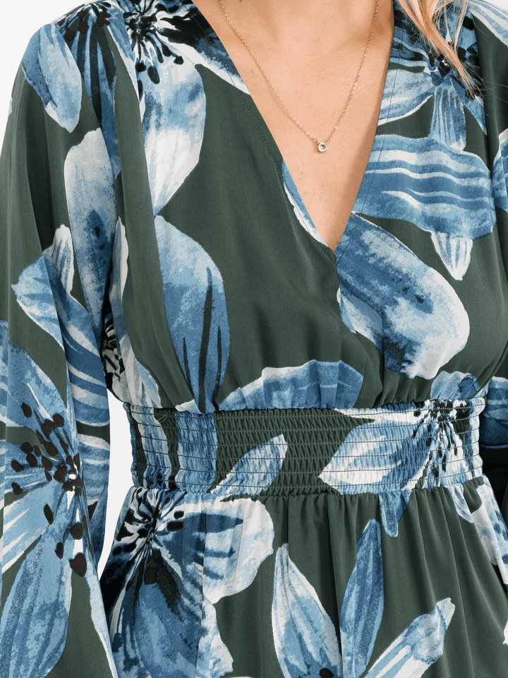 WOMEN'S LONG SLEEVE V-NECK SMOCK WAIST FLORAL MAXI DRESS