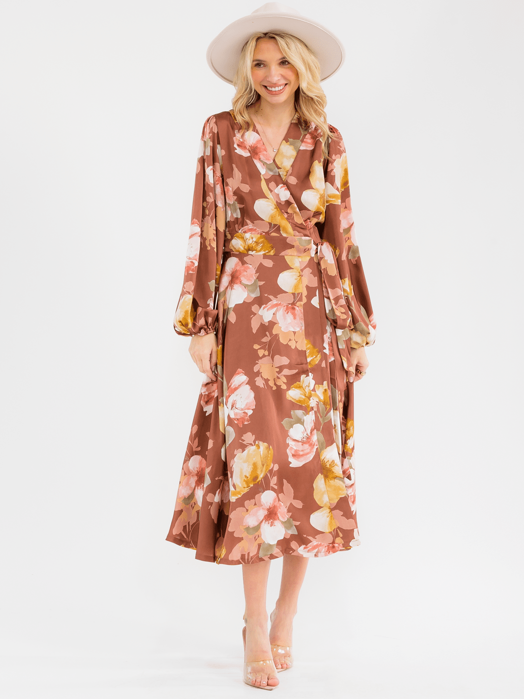 WOMEN'S LONG SLEEVE SELF TIE FLORAL PRINT WRAP MAXI DRESS