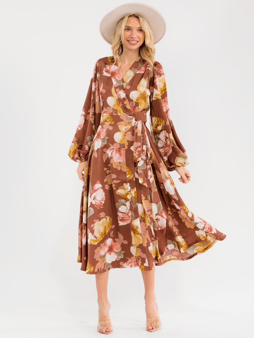 WOMEN'S LONG SLEEVE SELF TIE FLORAL PRINT WRAP MAXI DRESS