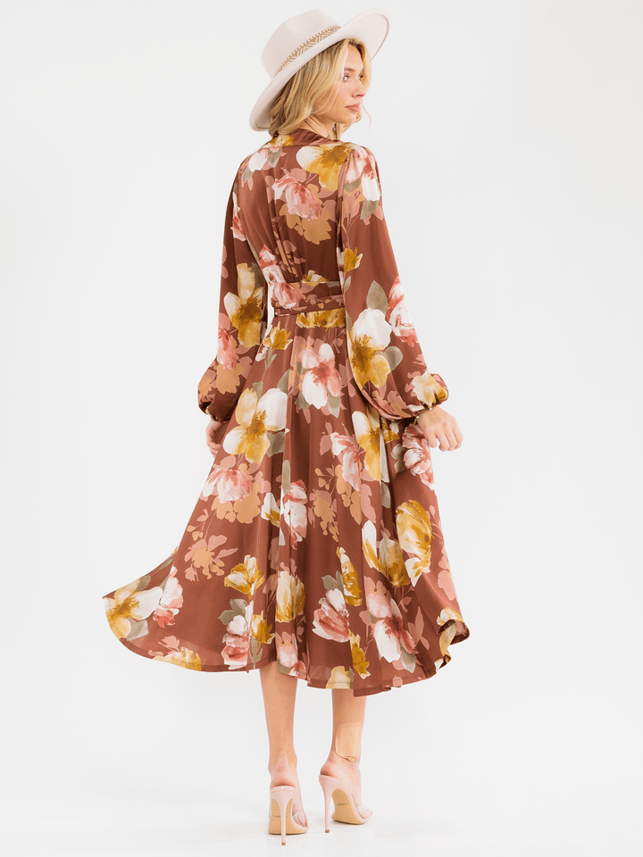 WOMEN'S LONG SLEEVE SELF TIE FLORAL PRINT WRAP MAXI DRESS