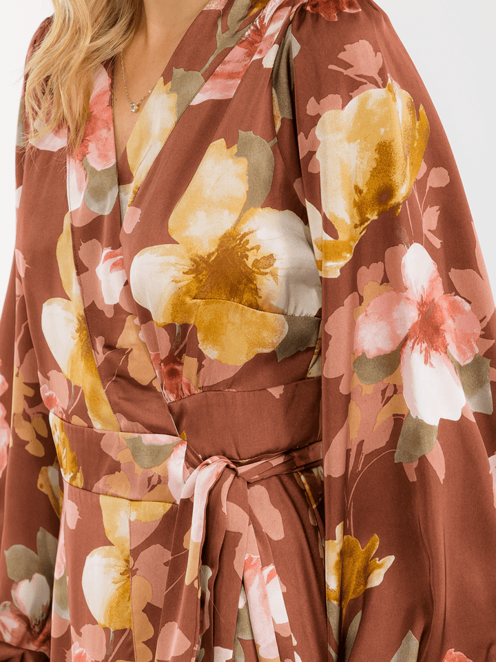 WOMEN'S LONG SLEEVE SELF TIE FLORAL PRINT WRAP MAXI DRESS