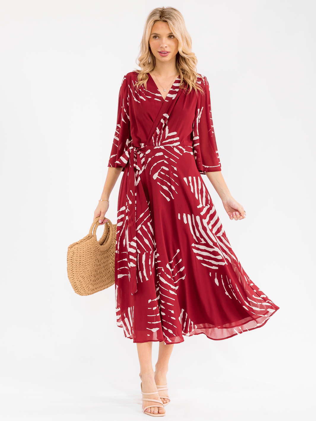 WOMEN'S 3/4 BELL SLEEVE SELF TIE PRINT WRAP MAXI DRESS