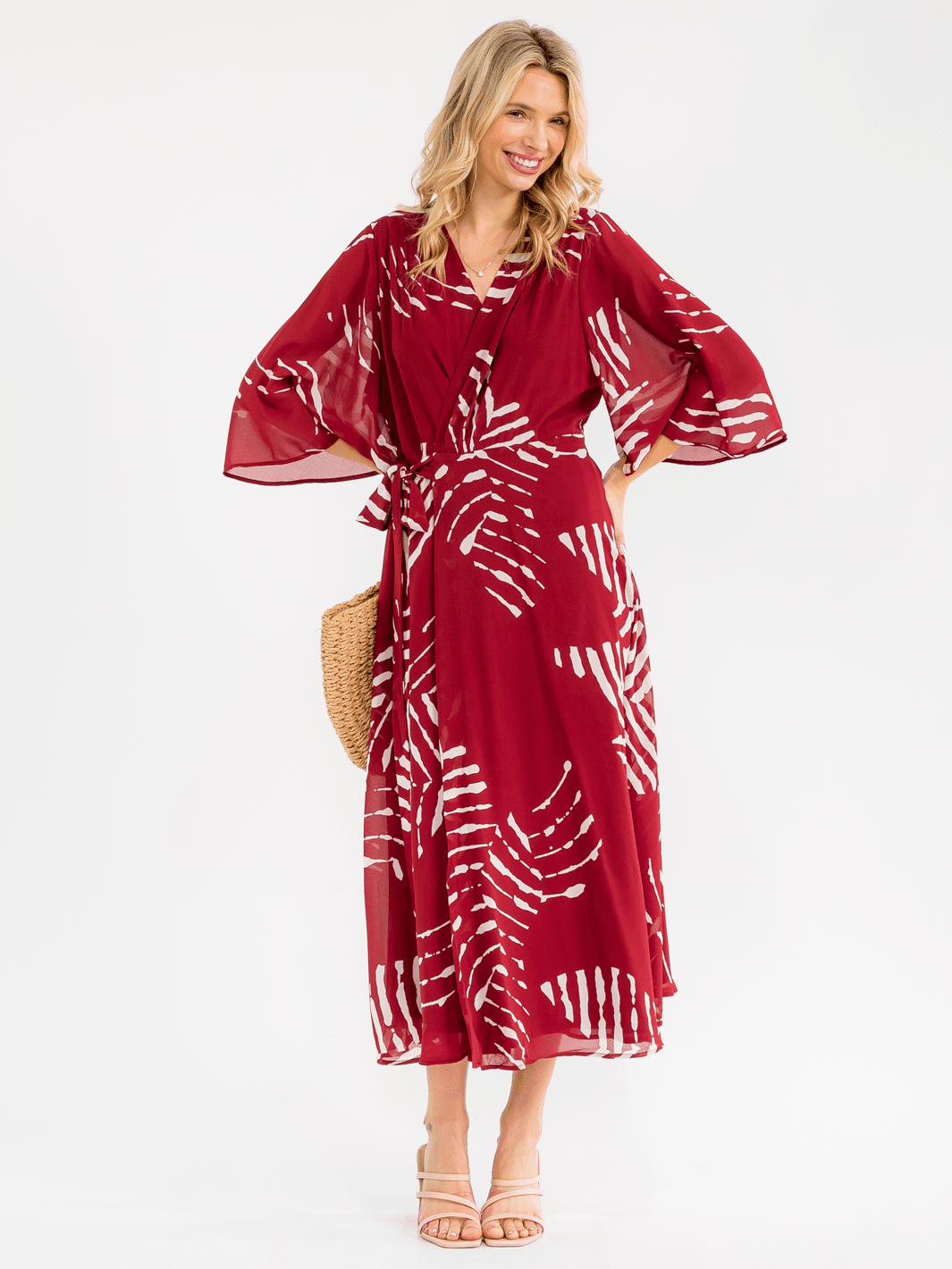 WOMEN'S 3/4 BELL SLEEVE SELF TIE PRINT WRAP MAXI DRESS