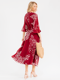 WOMEN'S 3/4 BELL SLEEVE SELF TIE PRINT WRAP MAXI DRESS