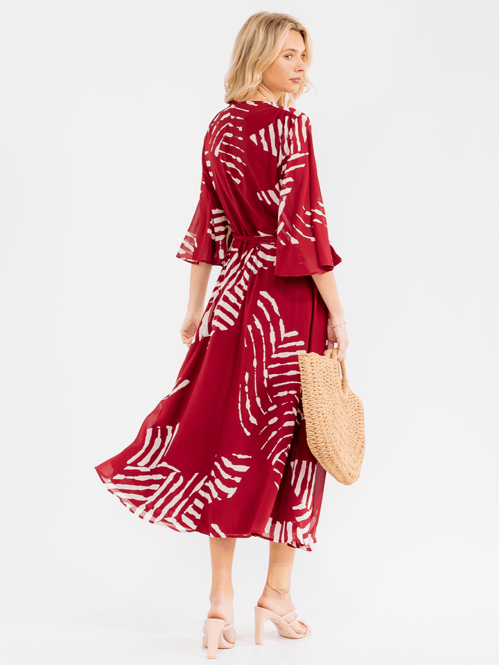 WOMEN'S 3/4 BELL SLEEVE SELF TIE PRINT WRAP MAXI DRESS