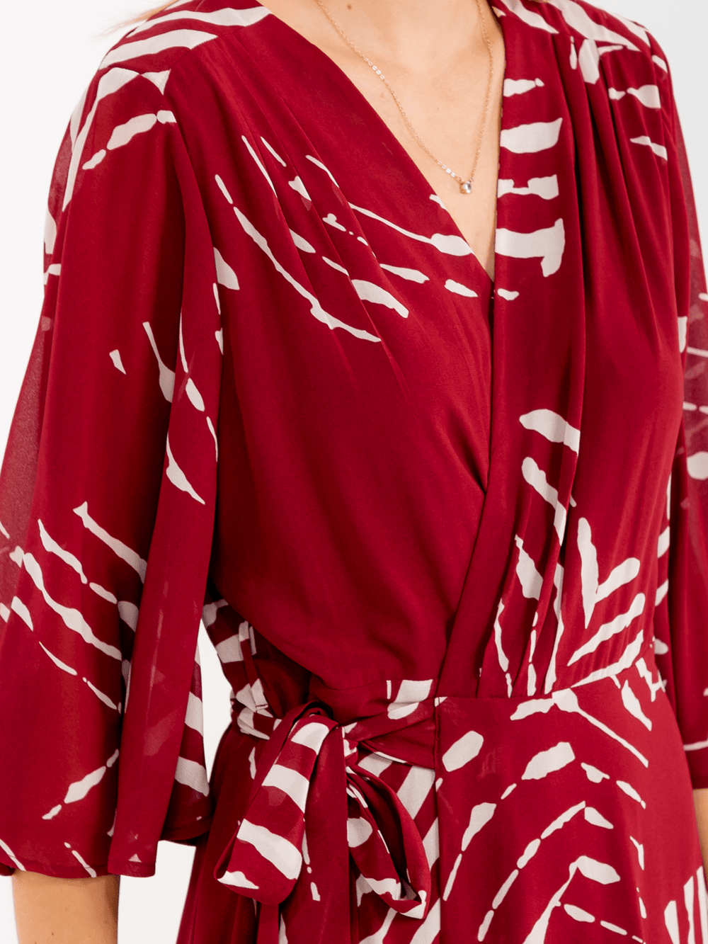 WOMEN'S 3/4 BELL SLEEVE SELF TIE PRINT WRAP MAXI DRESS