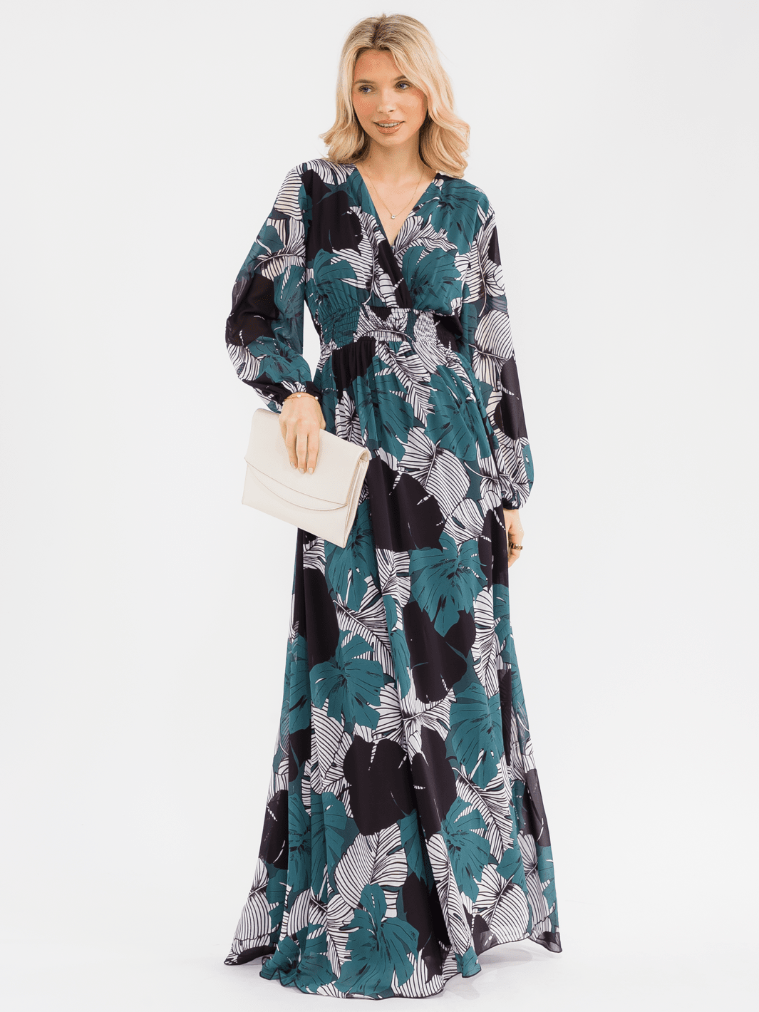 WOMEN'S LONG SLEEVE V-NECK SMOCK WAIST FLORAL MAXI DRESS