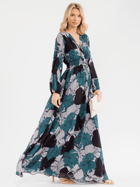 WOMEN'S LONG SLEEVE V-NECK SMOCK WAIST FLORAL MAXI DRESS