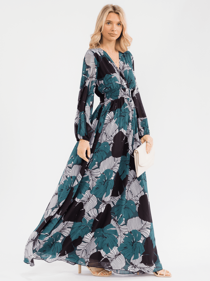 WOMEN'S LONG SLEEVE V-NECK SMOCK WAIST FLORAL MAXI DRESS