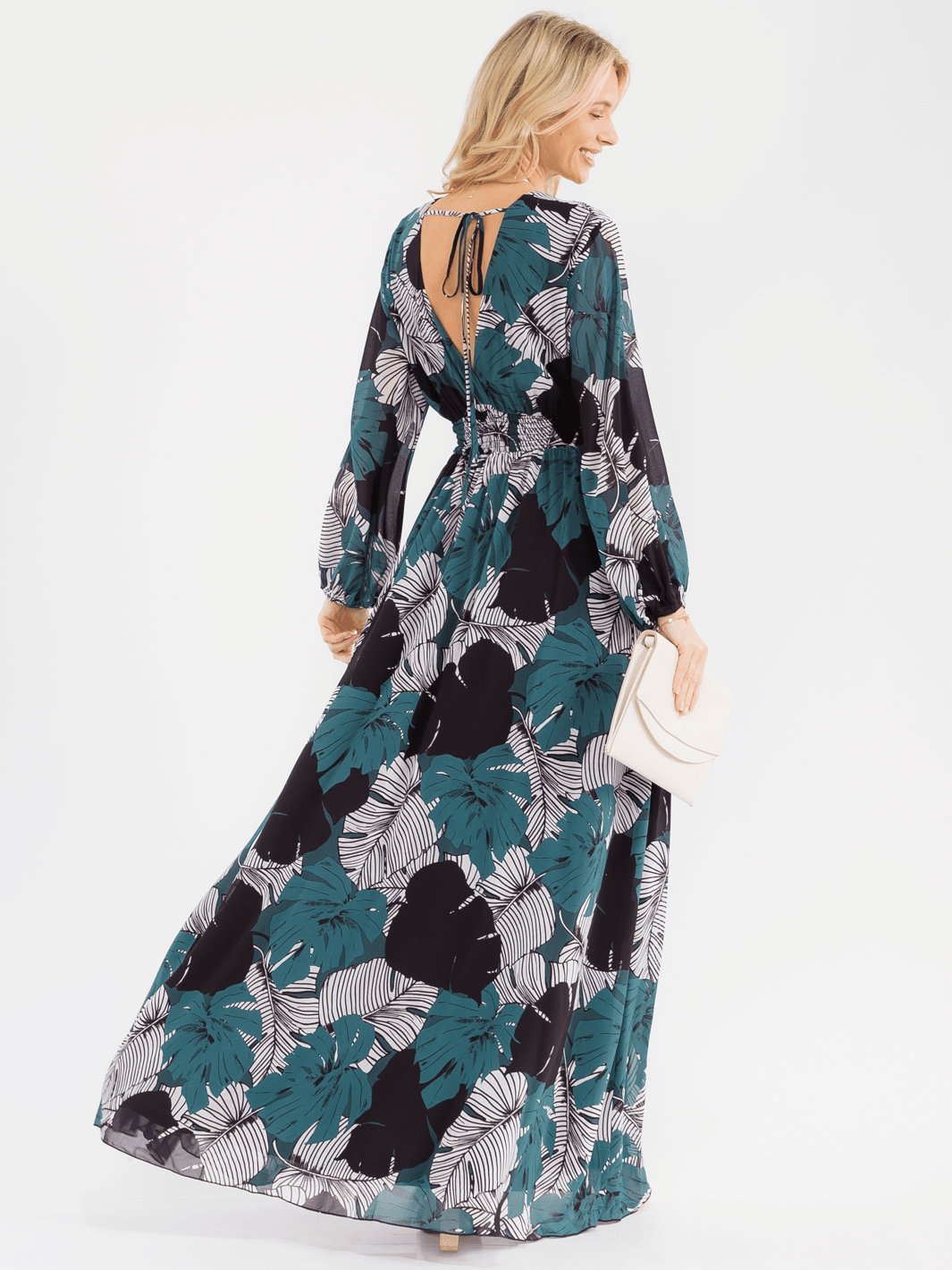 WOMEN'S LONG SLEEVE V-NECK SMOCK WAIST FLORAL MAXI DRESS