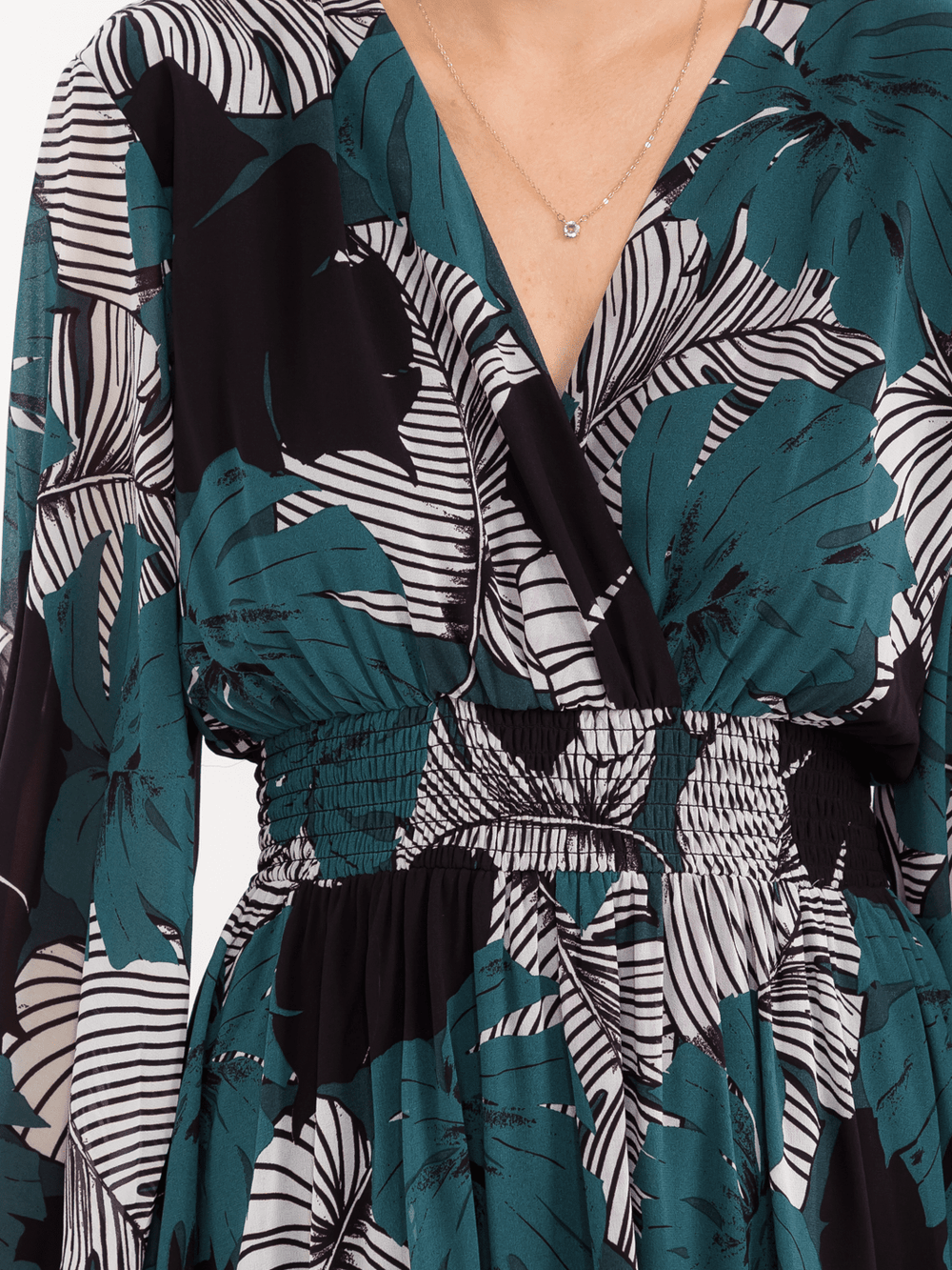 WOMEN'S LONG SLEEVE V-NECK SMOCK WAIST FLORAL MAXI DRESS