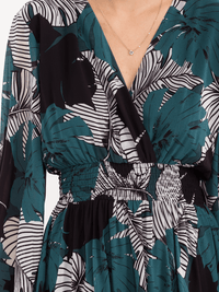 WOMEN'S LONG SLEEVE V-NECK SMOCK WAIST FLORAL MAXI DRESS