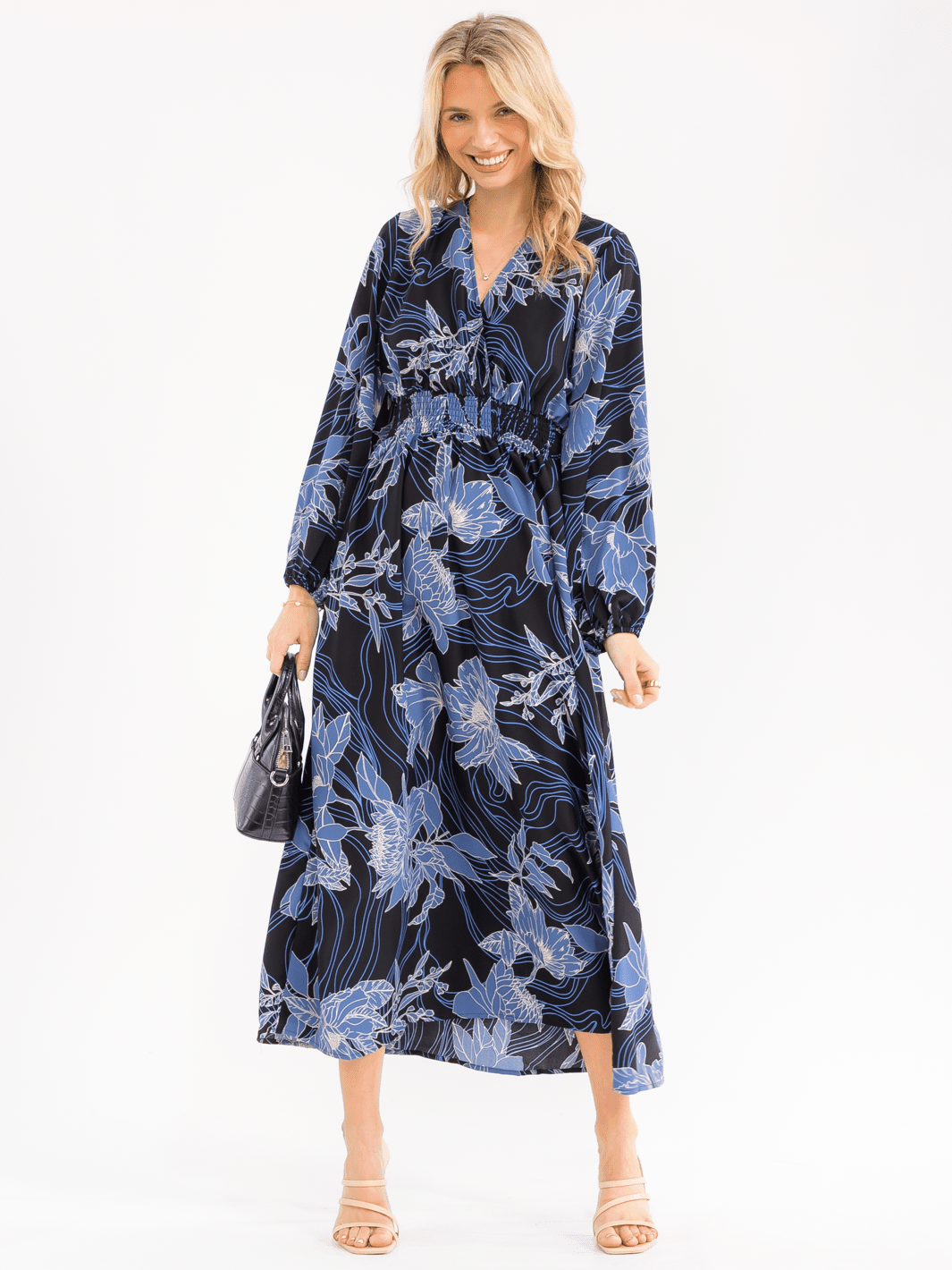 WOMEN'S LONG SLEEVE V-NECK SMOCK WAIST FLORAL MAXI DRESS