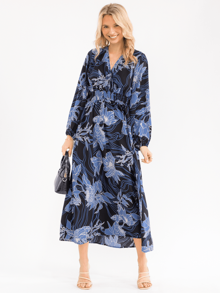 WOMEN'S LONG SLEEVE V-NECK SMOCK WAIST FLORAL MAXI DRESS