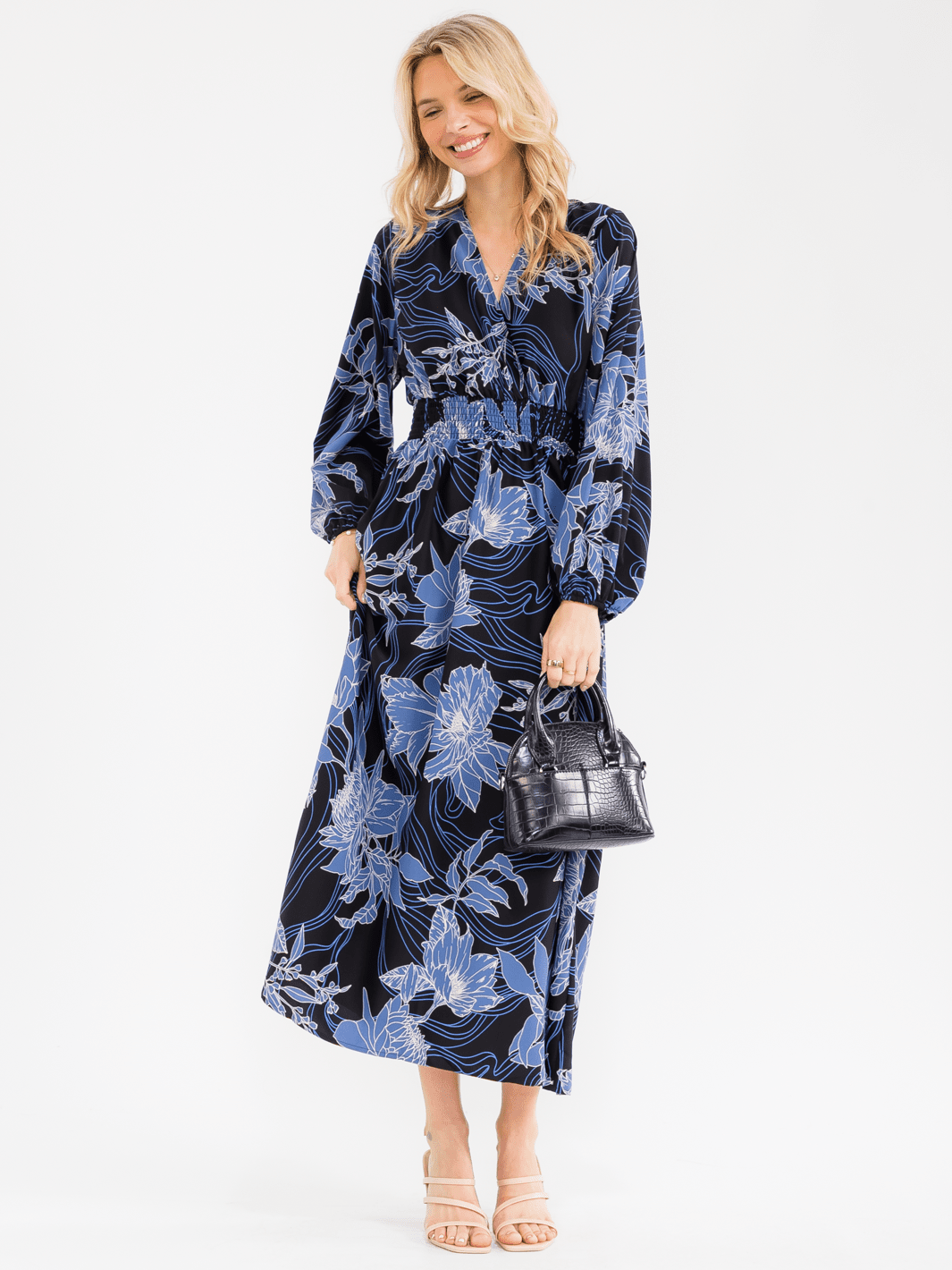 WOMEN'S LONG SLEEVE V-NECK SMOCK WAIST FLORAL MAXI DRESS