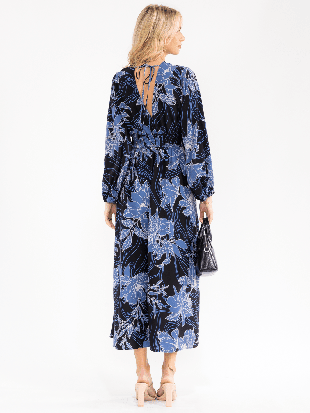 WOMEN'S LONG SLEEVE V-NECK SMOCK WAIST FLORAL MAXI DRESS