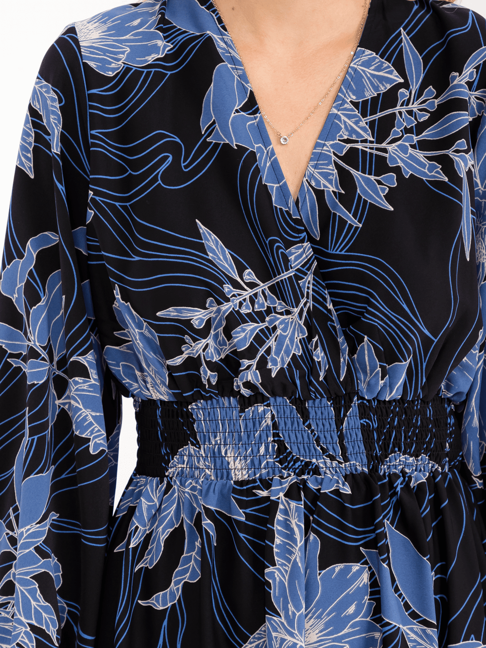 WOMEN'S LONG SLEEVE V-NECK SMOCK WAIST FLORAL MAXI DRESS