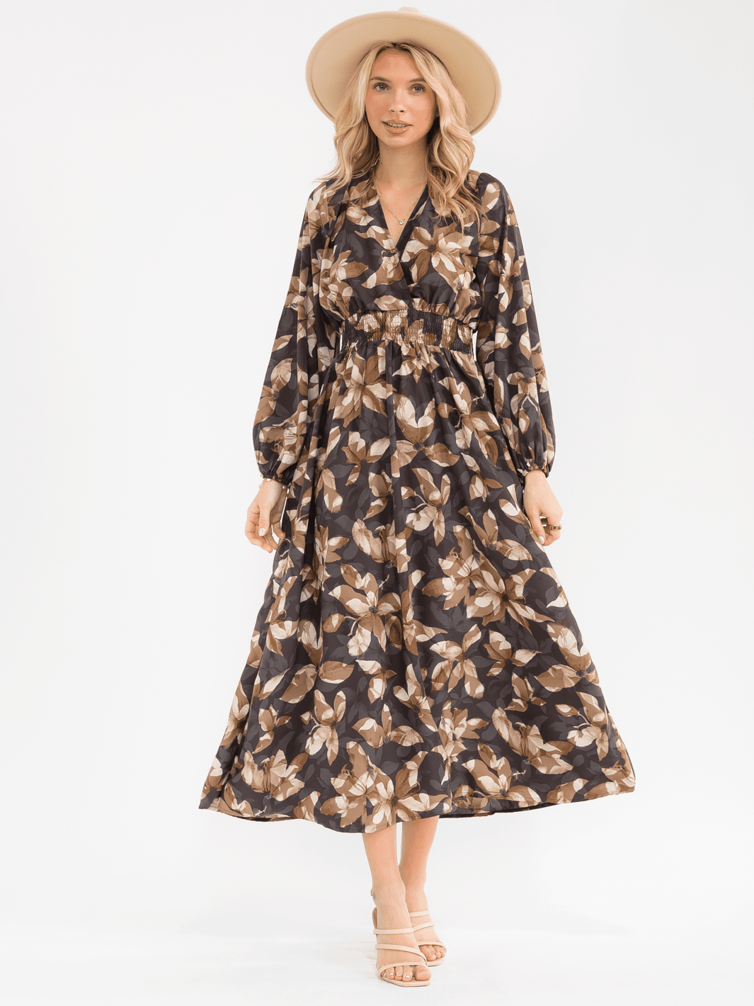 WOMEN'S LONG SLEEVE SURPLICE ELASTIC WAIST FLORAL PRINT MAXI DRESS